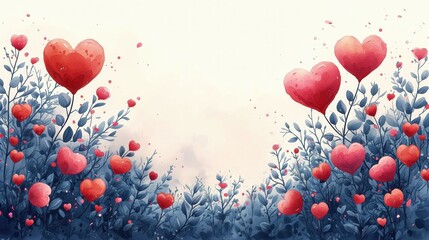 Obraz przedstawia serca które rozwinęły się na polu kwiatowym, nawiązujący do tematyki walentynkowej i miłości oraz romansu. - obrazy, fototapety, plakaty
