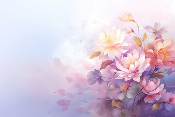 Abstract floral backdrop of purple flowers over pastel colors with soft style for spring or summer time. Banner background with copy space