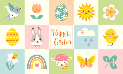 Easter design template for packaging, greeting card, flyer, poster, paper bag. Cute cartoon Easter characters on pastel colourful checkered background. Vector flat graphic design.