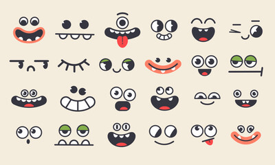 Set of funny monster faces for children's design. Flat cartoon character design.