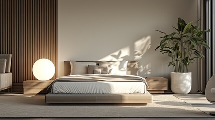 Fototapeta na wymiar a bright lamp illuminating sleek furniture in a minimalist bedroom, showcasing the fusion of functionality and style in contemporary interior design.
