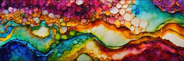 Abstract artwork in alcohol ink technique with splashes and dots of color. Brush stroke and splash color. Contemporary surrealist painting. Modern poster for wall decoration - obrazy, fototapety, plakaty