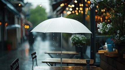 a cafe during a rainy day through a high-quality, full-frame photo of a white umbrella, creating a compelling visual narrative of shelter and comfort amidst the rain.