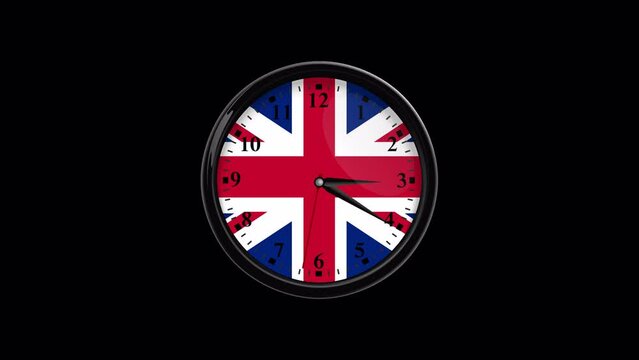 Wall clock Time Lapse of Time Passing, with United Kingdom Flag, Transparent Background
