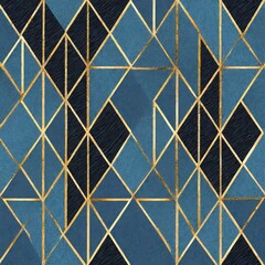 seamless pattern - geometrical gold lines with blue spaces background Wallpaper