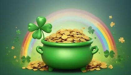 St. Patrick's day celebration with green leprechauns, a pot of gold a rainbow and shamrock or clover, irish holiday symbols, cartoon or 3d illustration style image, hd