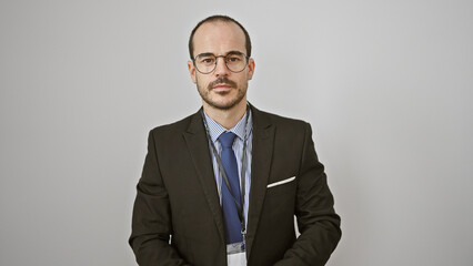 Confident hispanic man with a beard, bald, wearing glasses, suit, tie, and lanyard on a white...