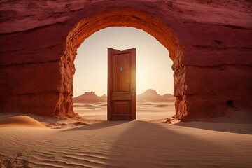 A mysterious door stands tall in the middle of a vast desert, beckoning you to step through and discover the unknown