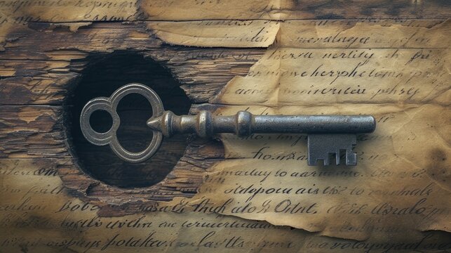 an old key inserted into a weathered keyhole, set against the backdrop of an ancient manuscript, evoking a sense of mystery and antiquity.