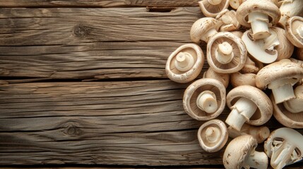 Fototapeta na wymiar Champignon mushrooms lie on a wood surface. Horizontal background with copy space