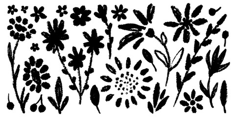 Set of flowers, leaves, floral stems. Wild plants drawing with grunge brush. Black and white botanical elements. Vector illustration. Primitivism. Silhouettes of flowers 