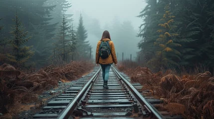 Foto op Canvas a woman walking along an old railroad track, enveloped by the ethereal mist of the forest, evoking a sense of solitude and contemplation. © lililia