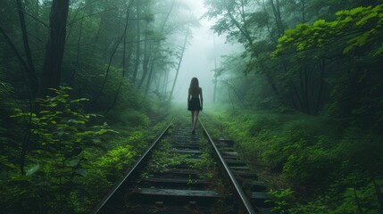 a woman walking along an old railroad track, enveloped by the ethereal mist of the forest, evoking a sense of solitude and contemplation.