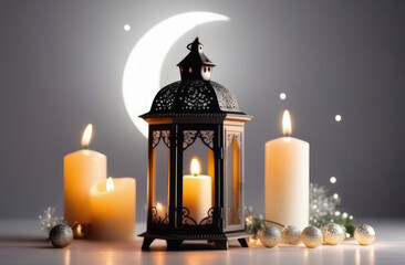 Eid al-Fitr, holy month of Ramadan, Laylat al-Qadr, Arab lantern fanus, crescent moon and stars, candles, shiny decorations, pastel shades, light gray background