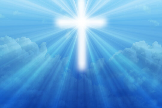 Easter illustration with a shining cross on blue sky with white clouds and lightbeam.