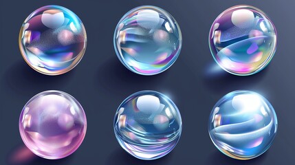 Chrome and glass balls set. Realistic 3D orb with transparent glares and highlights for decoration. Jewelry gemstone. Vector Illustration for your design 
