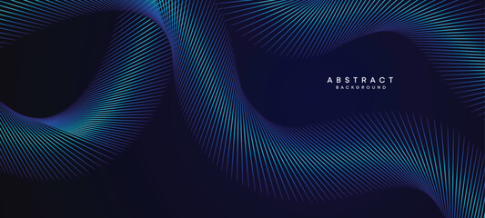 Abstract Dark Blue Waving circles lines Technology Background. Modern Navy Blue gradient with glowing lines shiny geometric shape and diagonal, for brochure, cover, poster, banner, website, header - obrazy, fototapety, plakaty