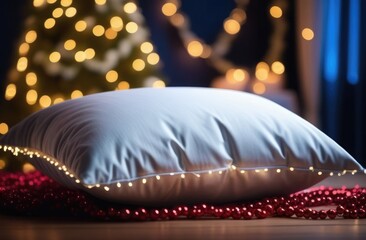 World Sleep Day, modern bedroom interior, cozy atmosphere, luxury hotel, white pillow wrapped in a garland, glow and bokeh