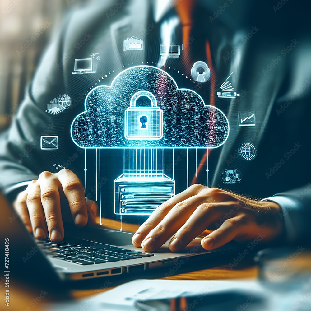 Wall mural business man downloading computer files or installing software on laptop computer, cloud storage, ge