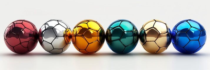 Isolated soccer balls one by one. Different versions - classic, golden, colorful.
