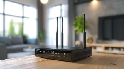 New black Wi-Fi router on wooden table indoors - obrazy, fototapety, plakaty