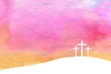 Easter illustration with three white crosses on hill and colourful sky in watercolor painting style.