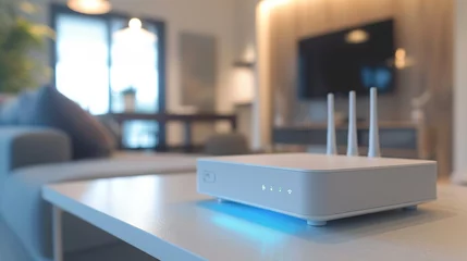 Foto op Plexiglas New white Wi-Fi router on wooden table indoors © Zahid