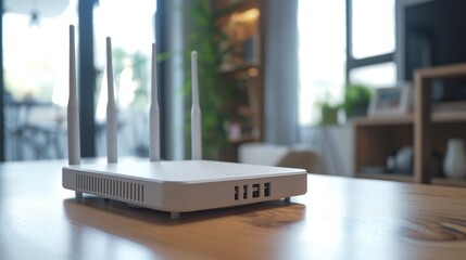 New white Wi-Fi router on wooden table indoors - obrazy, fototapety, plakaty