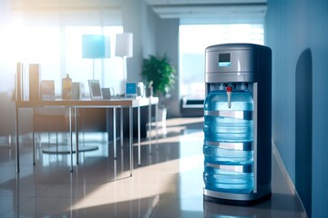 Sleek black water cooler in a kitchen setting. Concept of hydration technology, filtered water, modern home, and healthy lifestyle. Copy space - obrazy, fototapety, plakaty