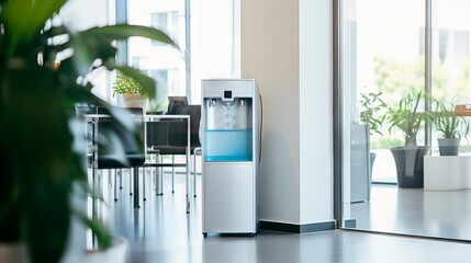 Modern office water cooler in bright workspace. Concept of hydration, corporate environment, water dispenser, and office amenities. Copy space