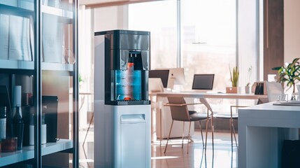 Sleek water cooler in an office setting with natural light. Concept of employee comfort, office hydration, modern amenities, and health focus. Copy space