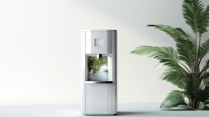 Modern office water cooler against a white wall with green plant. Concept of hydration, corporate environment, water dispenser, and office amenities. Copy space