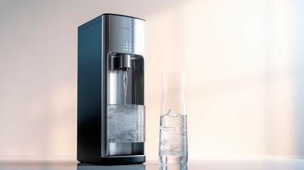 Office water cooler with glass of water. Isolated on white background. Concept of workplace hydration, modern office, water dispenser, employee wellness. Copy space