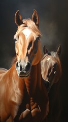 Two horses with gleaming coats against a dark background. Concept of equine elegance, animal portraits, and the grace of wildlife. Vertical format