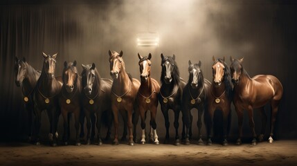 Group of horses standing under a spotlight, with a dramatic backdrop. Concept of equine beauty, performance, majestic creatures, animal gathering, show preparation - obrazy, fototapety, plakaty