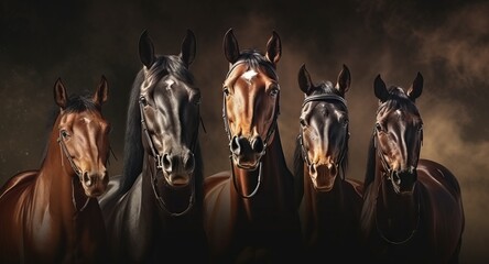 Lineup of five majestic horses against a dark backdrop. Concept of equine beauty, horse breeds showcase, animal portraiture, horsemanship, breed variety - obrazy, fototapety, plakaty