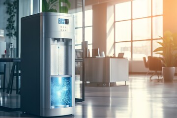 Modern water cooler in well-lit office. Concept of corporate wellness, hydration station, office hydration solutions, and drinking water. Copy space
