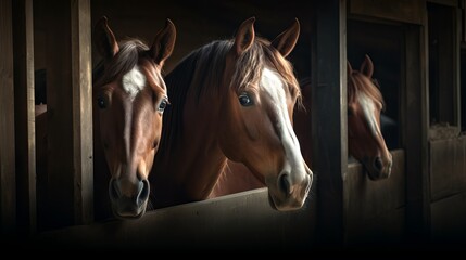 Horses looking out from stable windows. Concept of horse stabling, animal care, sports equestrian club, farm life, equine curiosity. - obrazy, fototapety, plakaty