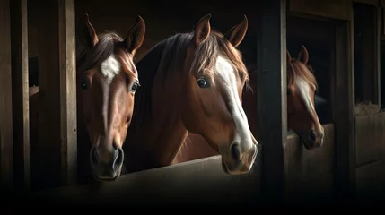 Poster Horses looking out from stable windows. Concept of horse stabling, animal care, sports equestrian club, farm life, equine curiosity. © Jafree