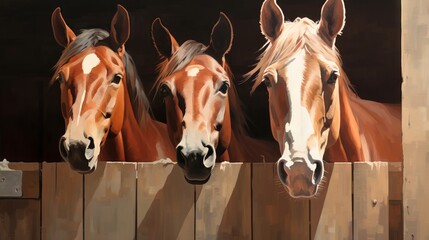 Horses looking out from stable windows. Concept of horse stabling, animal care, sports equestrian club, farm life, and equine curiosity. Digital illustration