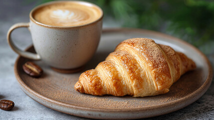 A mug of latte coffee with Croissant coffee break on wooden table. italian breakfast. Fresh croissant with coffee and latte art on plate