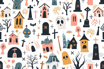 Fototapeta premium Pastel Halloween Pattern with Cute Icons