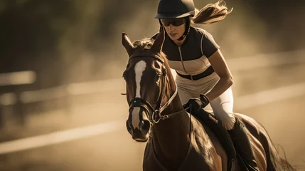 Foto op Canvas Determined woman jockey on racing horse, action-filled scene. Concept of speed, equestrian competition, horse training, and sporting events. Copy space © Jafree