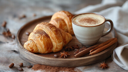 Cup of Cappuccino with beautiful cream latte art and a croissant on the side on a coffee shop table. Side view.