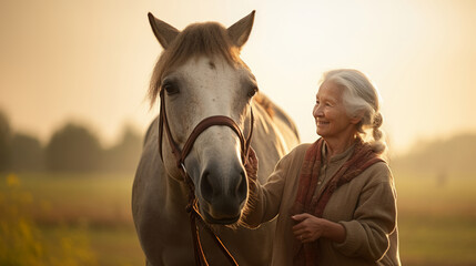 Elderly woman with a horse at sunset. Concept of animal companionship, equine therapy, senior leisure activities, equestrian love, and tranquil dusk.