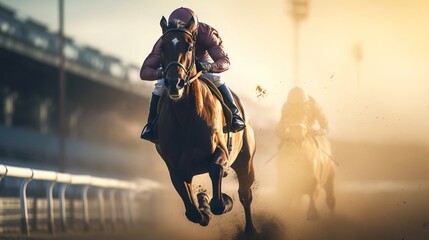 Horse and jockey in intense race competition, dust flying on racetrack. Concept of equestrian sports, racing speed, stamina, and winning. Copy space - obrazy, fototapety, plakaty