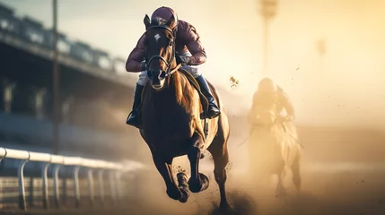 Fotobehang Horse and jockey in intense race competition, dust flying on racetrack. Concept of equestrian sports, racing speed, stamina, and winning. Copy space © Jafree