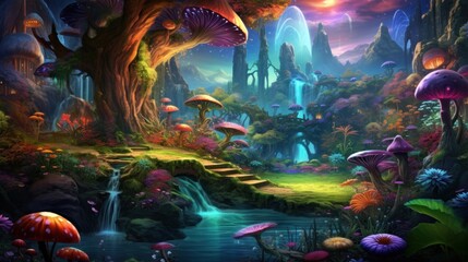 Enchanted forest landscape with magical mushrooms and waterfalls. Fantasy world.