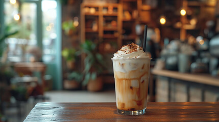 Ice coffee in a tall glass with cream poured over and coffee beans. Cold summer drink on a blurred background. Iced coffee in a transparent glass with ice and milk