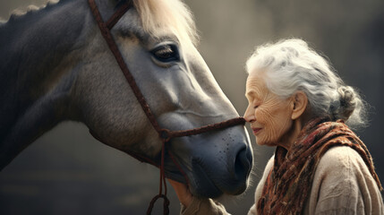 Elderly woman and horse sharing a gentle nose-to-nose touch. Warm lighting with soft focus. Concept of animal therapy, companionship, elderly care, leisure and nature bonding.